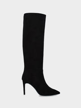 Stivale in camoscio nero con tacco a stiletto e cerniera laterale