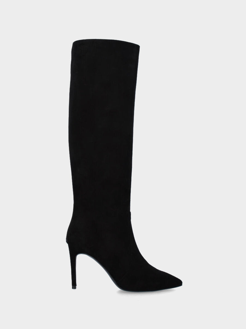 Stivale in camoscio nero con tacco a stiletto e cerniera laterale