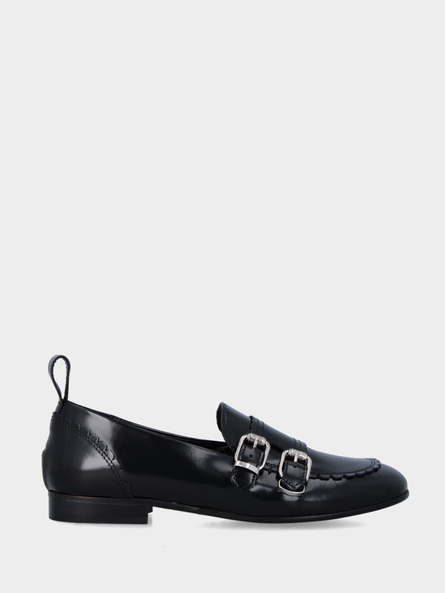 Mocassin en veau noir avec masque et doubles boucles