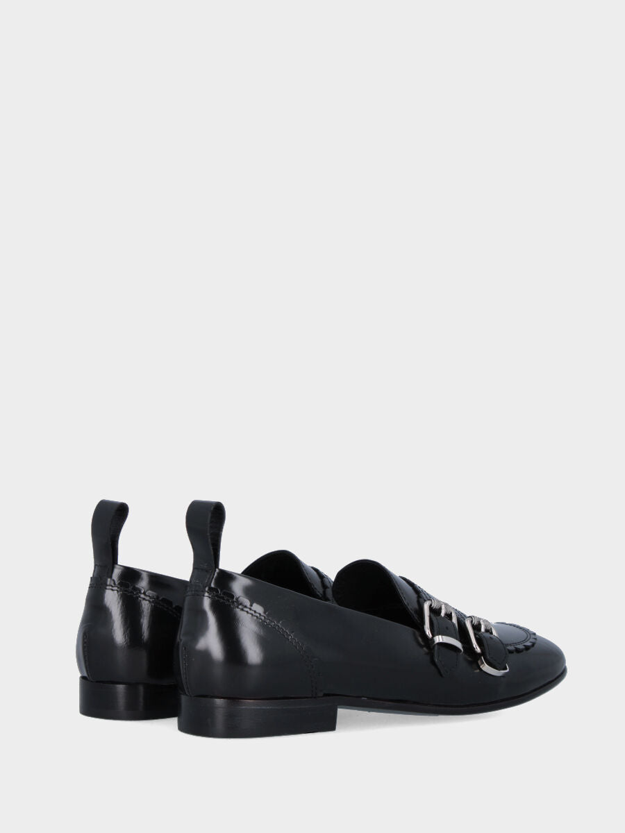 Mocassin en veau noir avec masque et doubles boucles