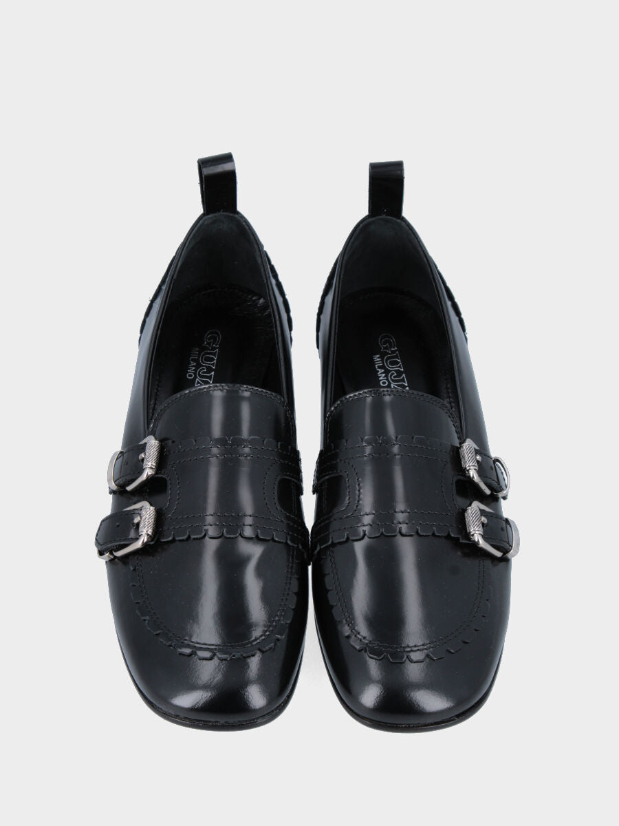 Mocassin en veau noir avec masque et doubles boucles
