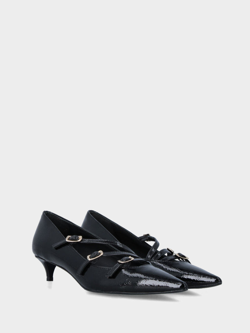 Décolleté in naplak nero con tre cinturini