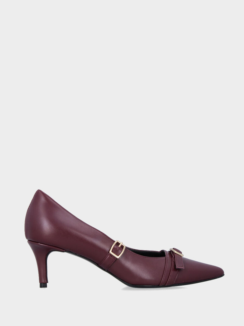 Décolleté in nappa bordeaux con tacco sottile e cinturino