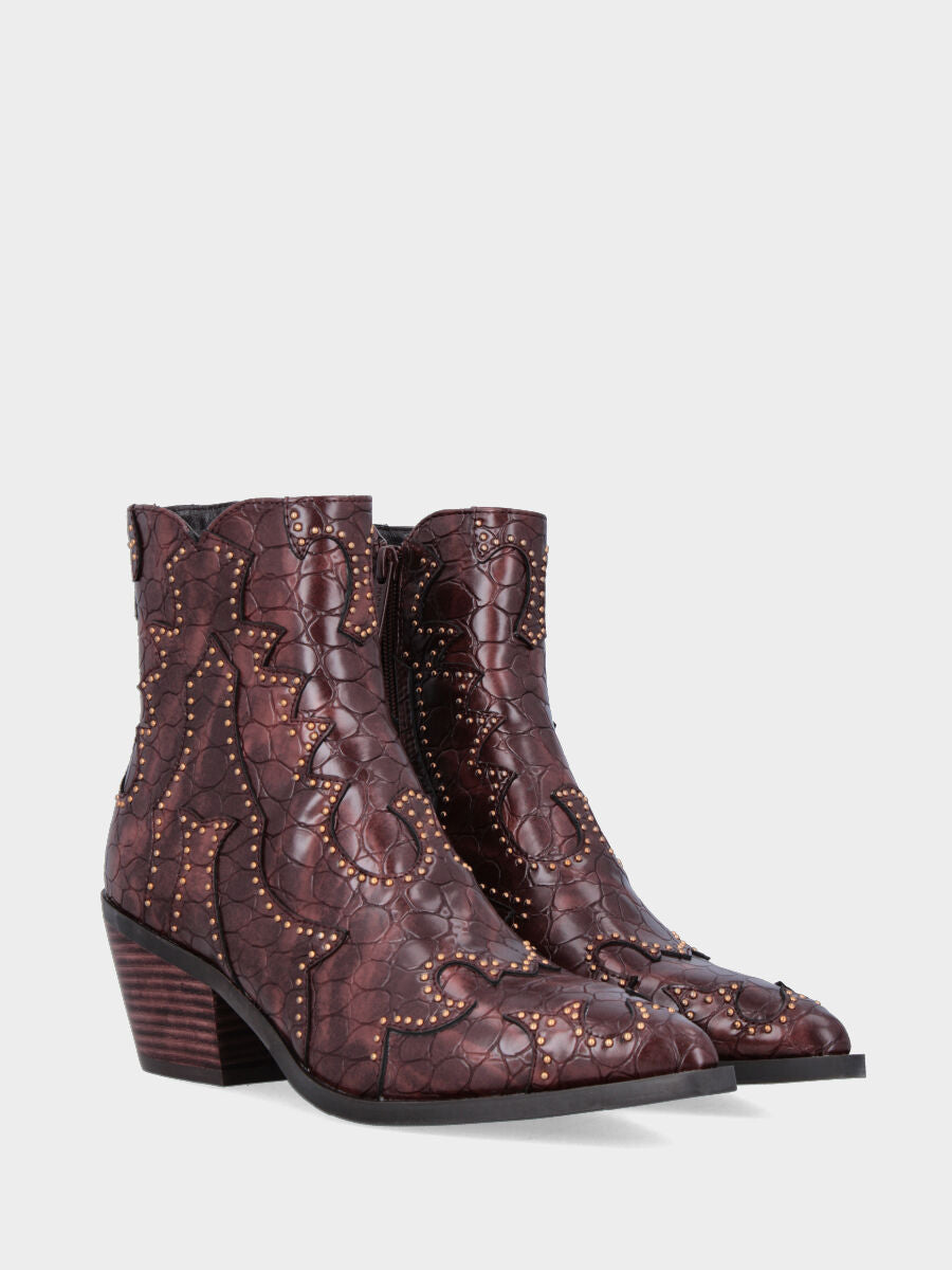 Brown western boot ankle boot in eco-leather with studs on the trims