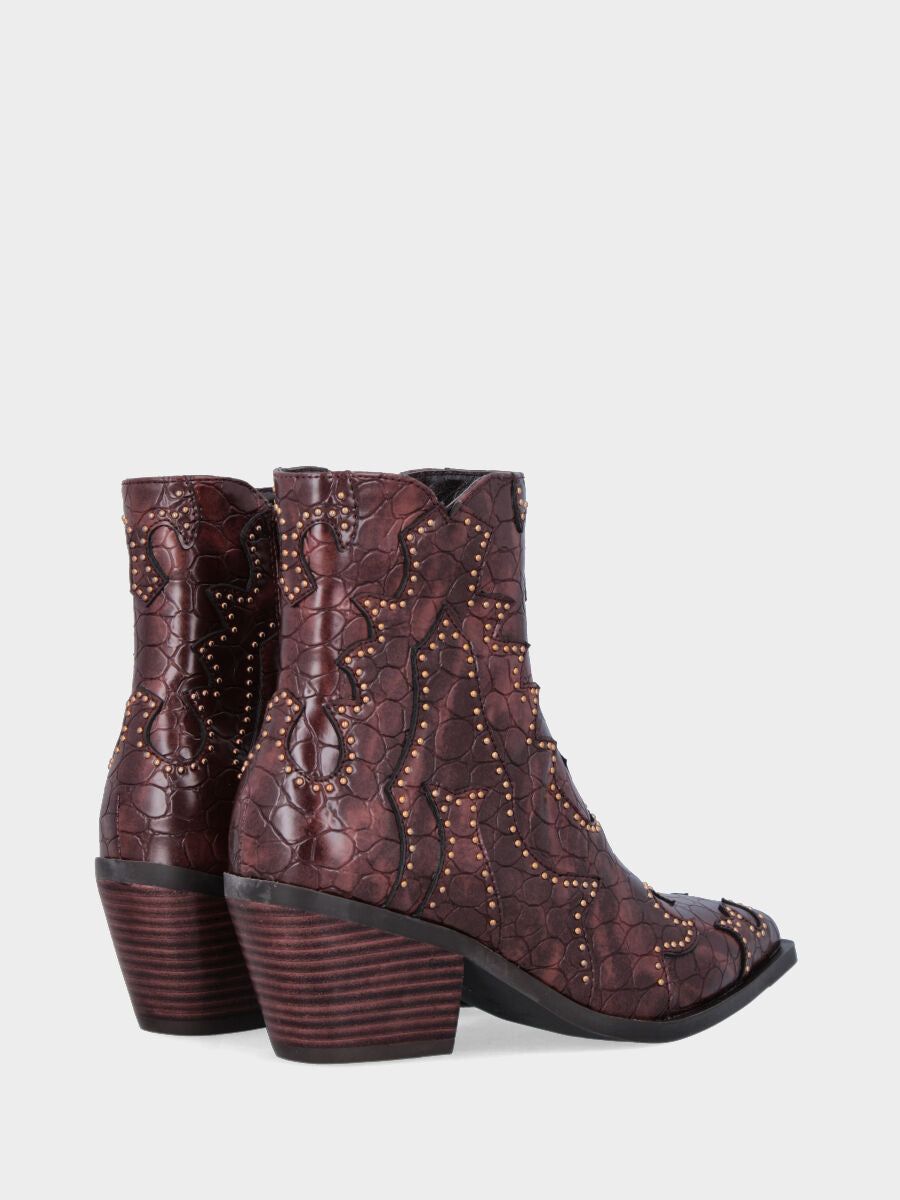 Brown western boot ankle boot in eco-leather with studs on the trims
