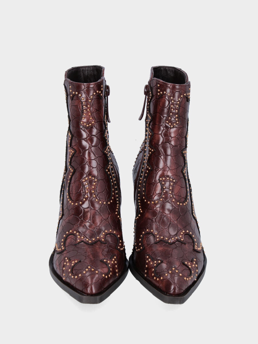 Brown western boot ankle boot in eco-leather with studs on the trims