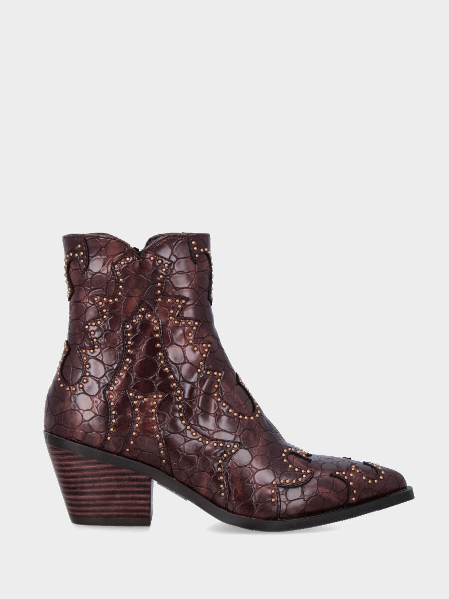 Brown western boot ankle boot in eco-leather with studs on the trims