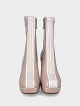 Stivaletto in ecopelle nude lucido con fascia bicolore e plateau