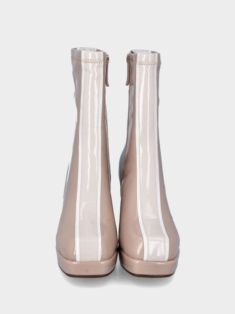 Stivaletto in ecopelle nude lucido con fascia bicolore e plateau