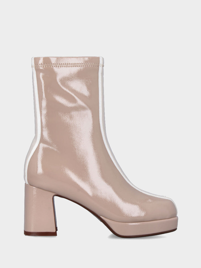Stivaletto in ecopelle nude lucido con fascia bicolore e plateau