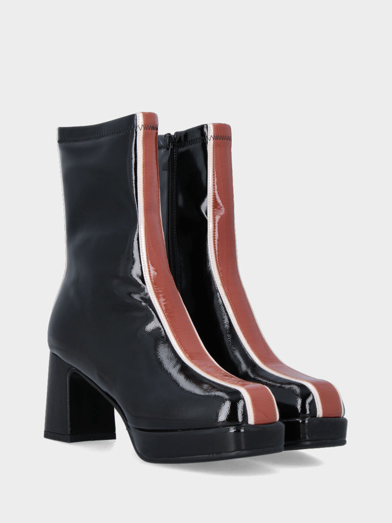 Stivaletto in ecopelle nero lucido con fascia bicolore e plateau