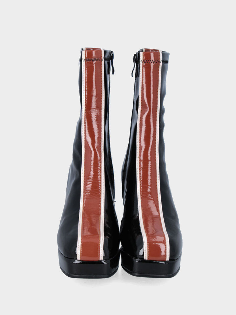 Stivaletto in ecopelle nero lucido con fascia bicolore e plateau