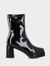 Stivaletto in ecopelle nero lucido con fascia bicolore e plateau