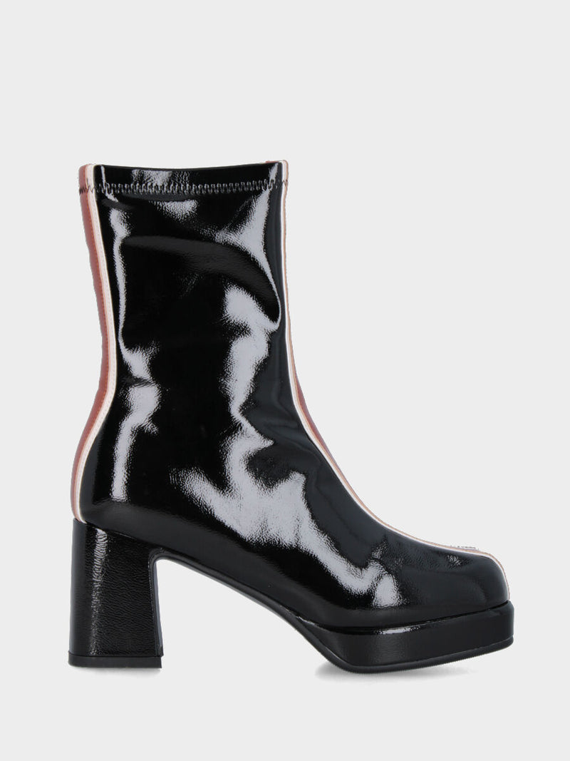 Stivaletto in ecopelle nero lucido con fascia bicolore e plateau
