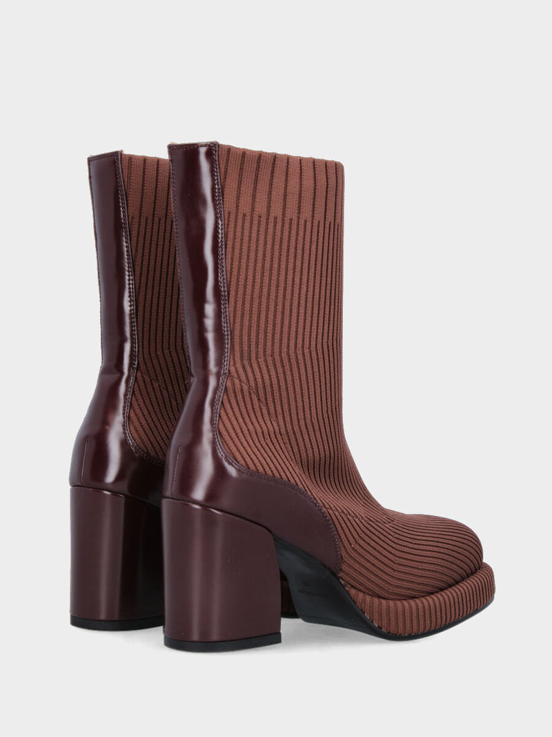 Stivaletto in tessuto calza elasticizzato marrone e tacco blocco