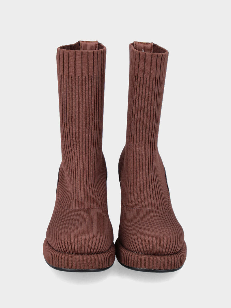 Stivaletto in tessuto calza elasticizzato marrone e tacco blocco