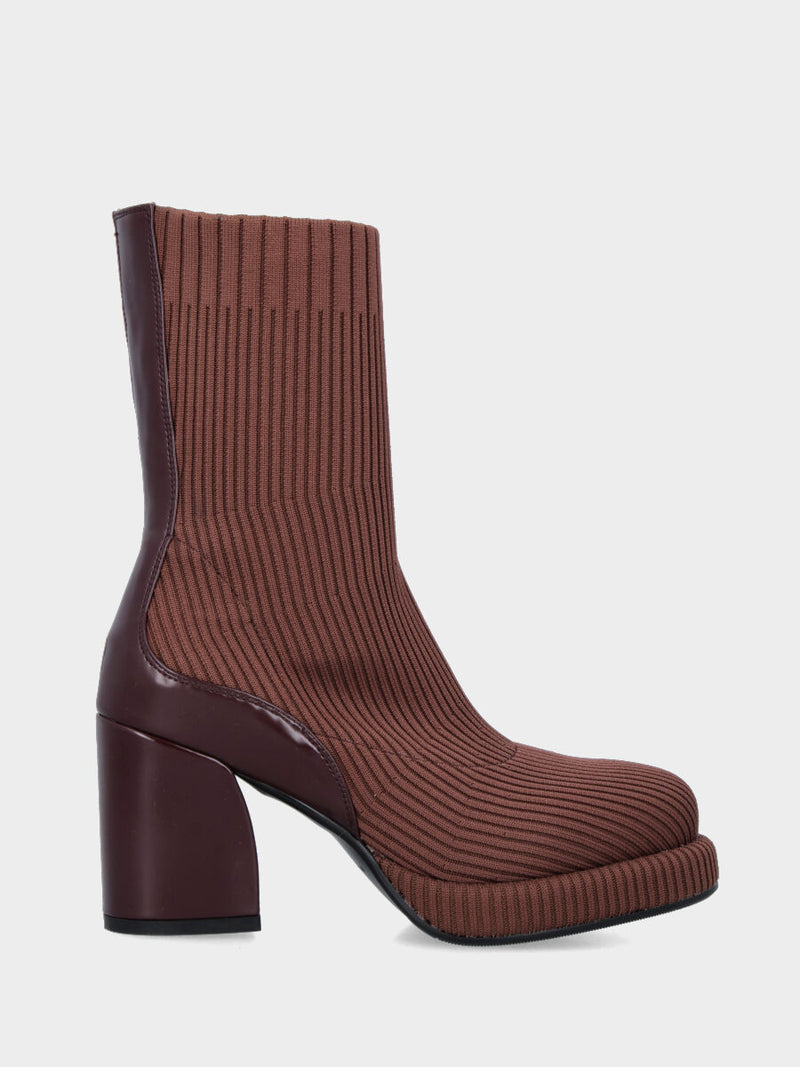Stivaletto in tessuto calza elasticizzato marrone e tacco blocco