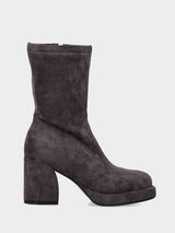 Stivaletto in tessuto grigio elasticizzato con tacco e plateau
