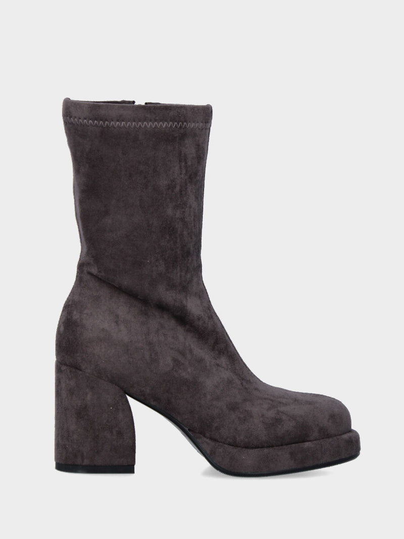 Stivaletto in tessuto grigio elasticizzato con tacco e plateau