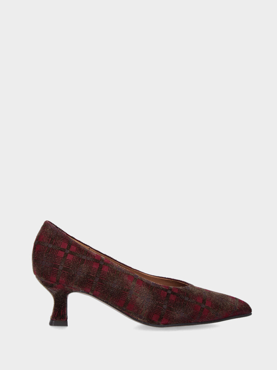 Décolleté in tessuto multicolor bordeaux con tacco a calice