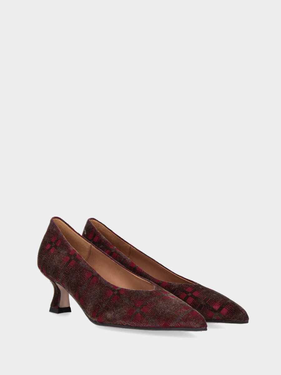 Décolleté in tessuto multicolor bordeaux con tacco a calice