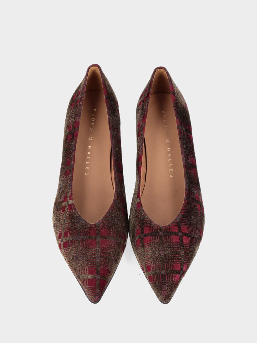 Décolleté in tessuto multicolor bordeaux con tacco a calice