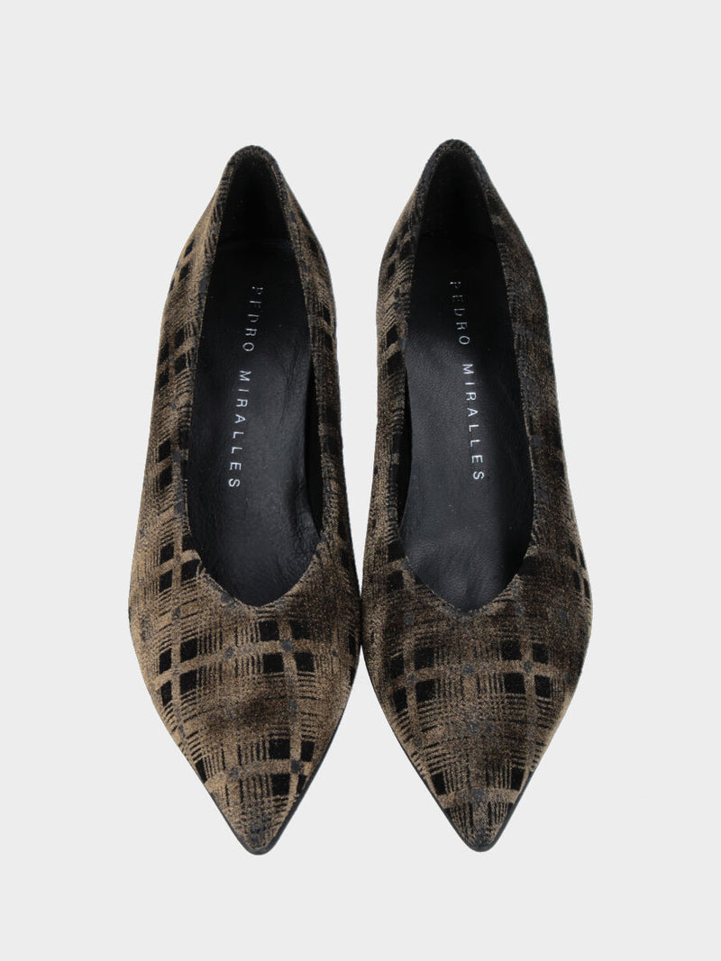 Décolleté in tessuto multicolor nero con tacco a calice