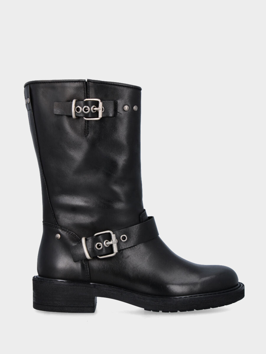 Biker in vitello nero con doppi cinturini e fibbie sul gambaletto