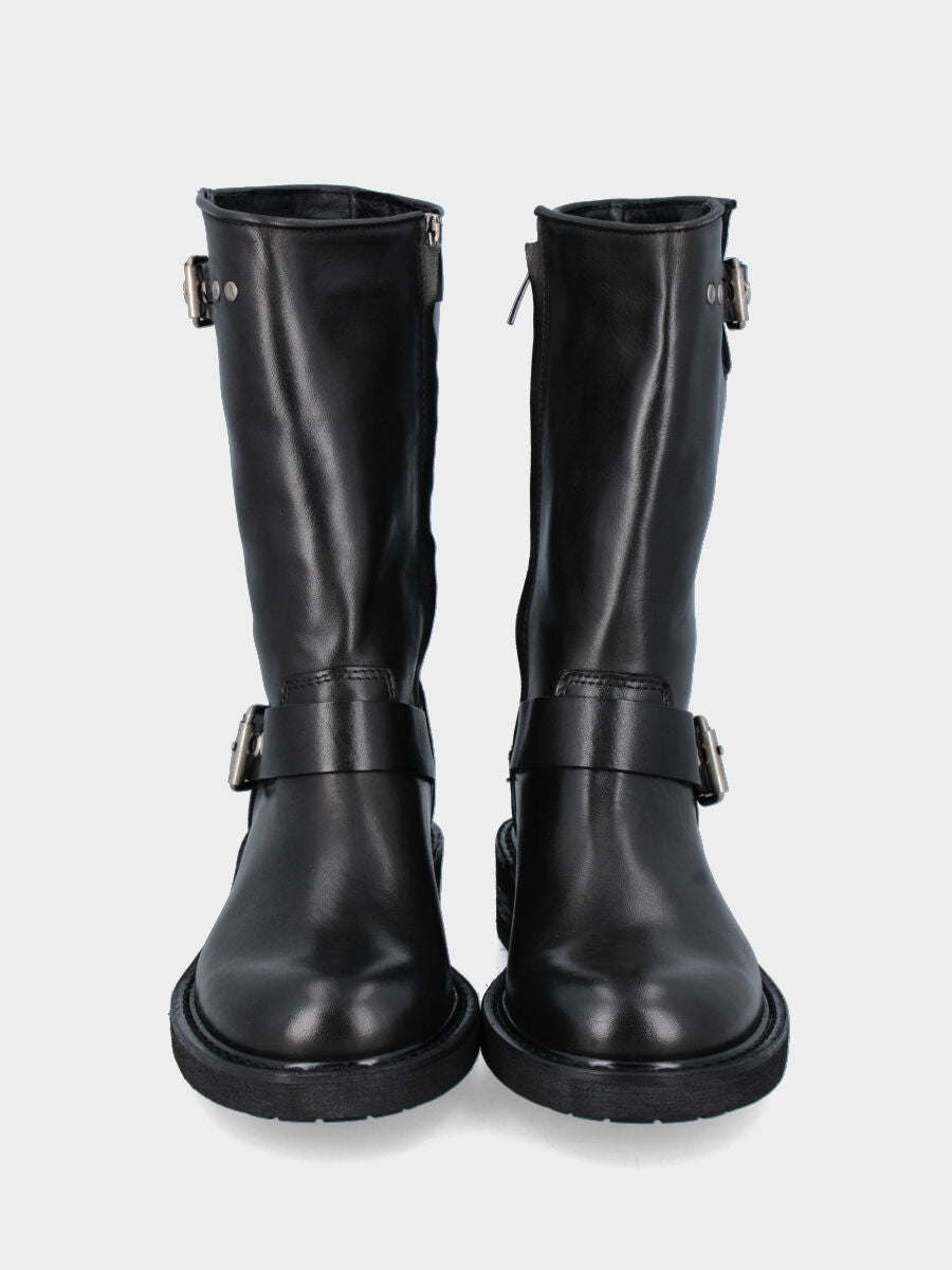 Biker in vitello nero con doppi cinturini e fibbie sul gambaletto