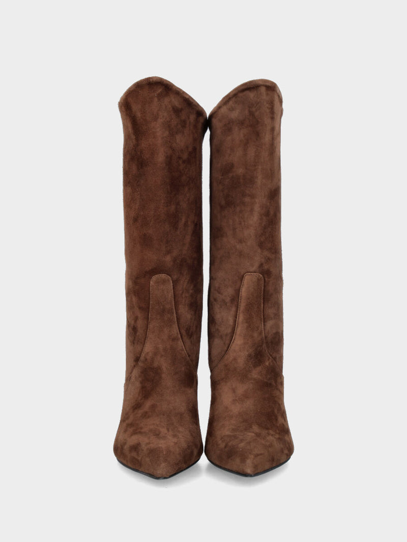 Stivaletto in camoscio marrone con gambaletto semi tubo e tacco a coda