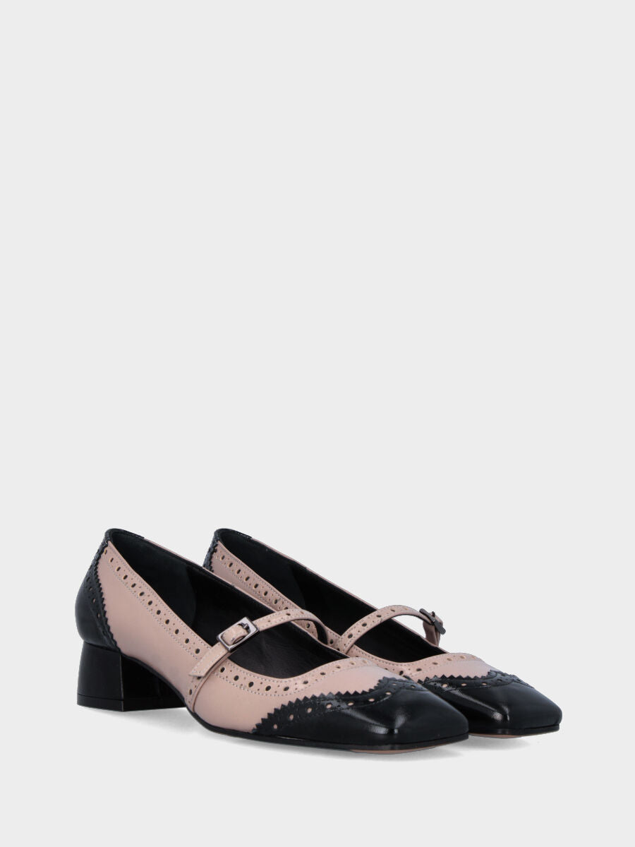Bicolore Pumps aus glänzendem Samt in Schwarz und Beige mit Riemchen