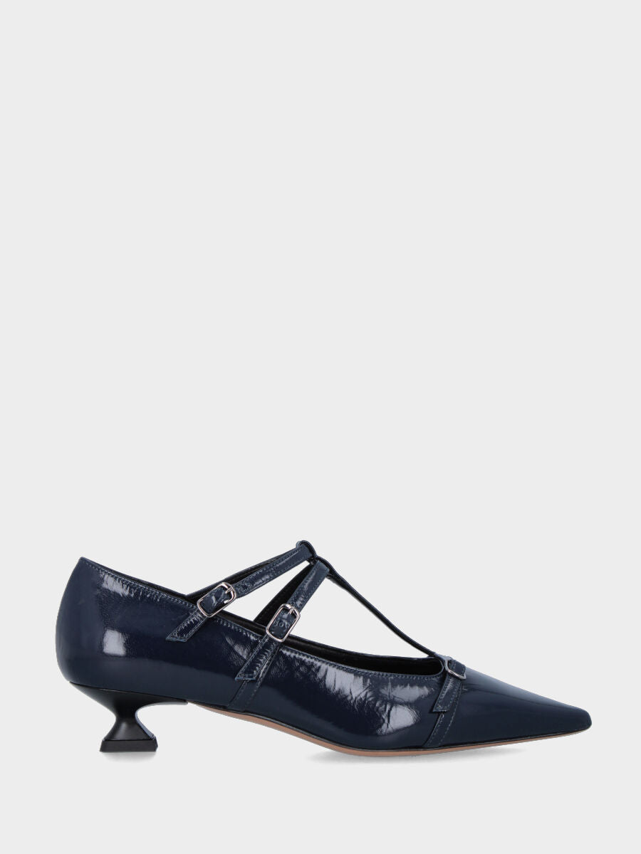 Charleston in glänzender Samt Blau mit Kelchabsatz und doppelten Riemen