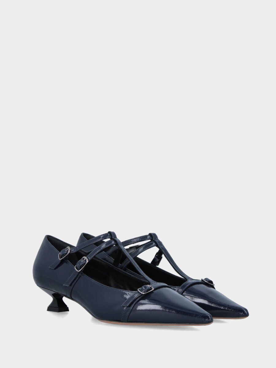 Charleston in glänzender Samt Blau mit Kelchabsatz und doppelten Riemen