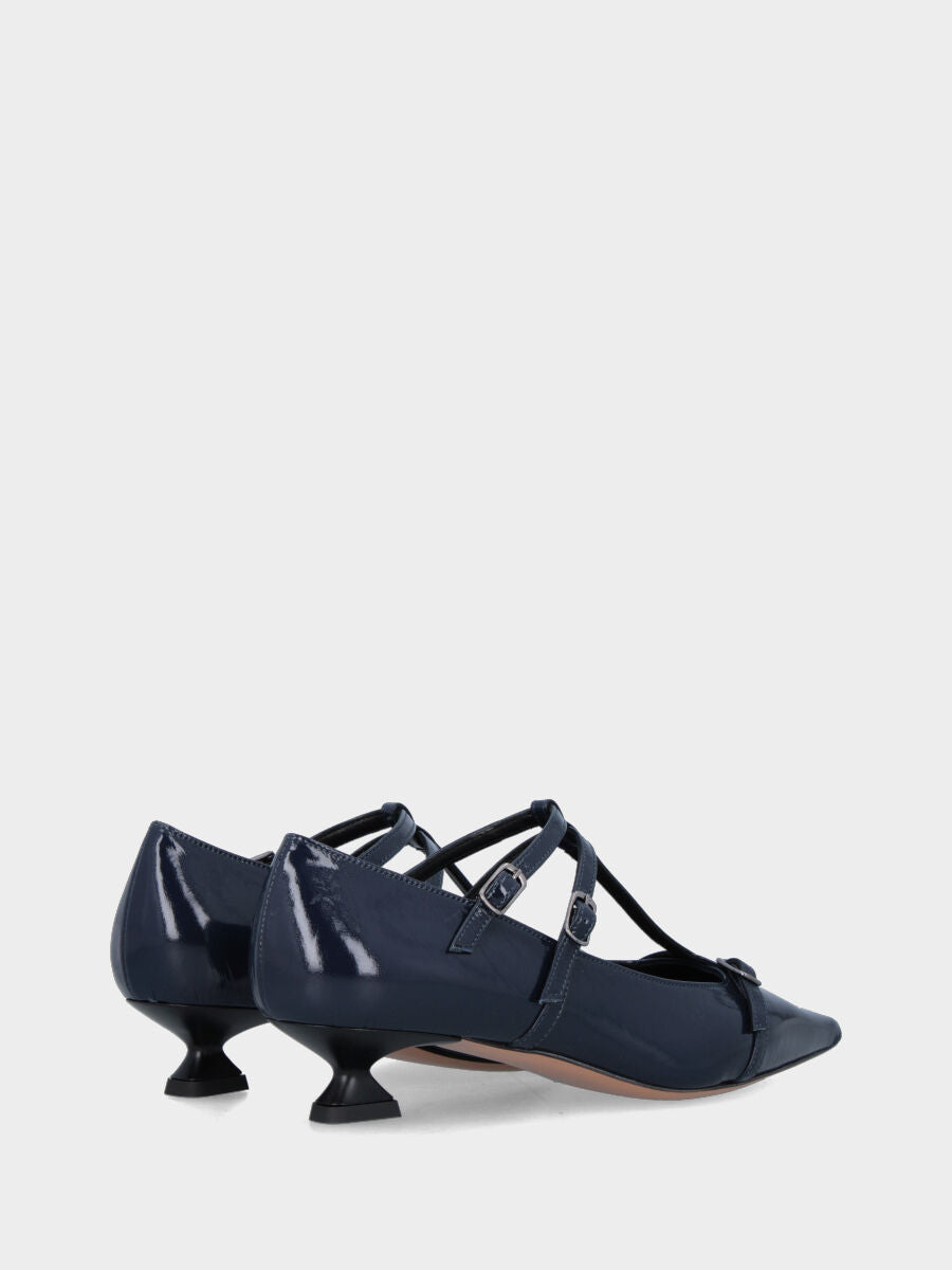 Charleston in glänzender Samt Blau mit Kelchabsatz und doppelten Riemen
