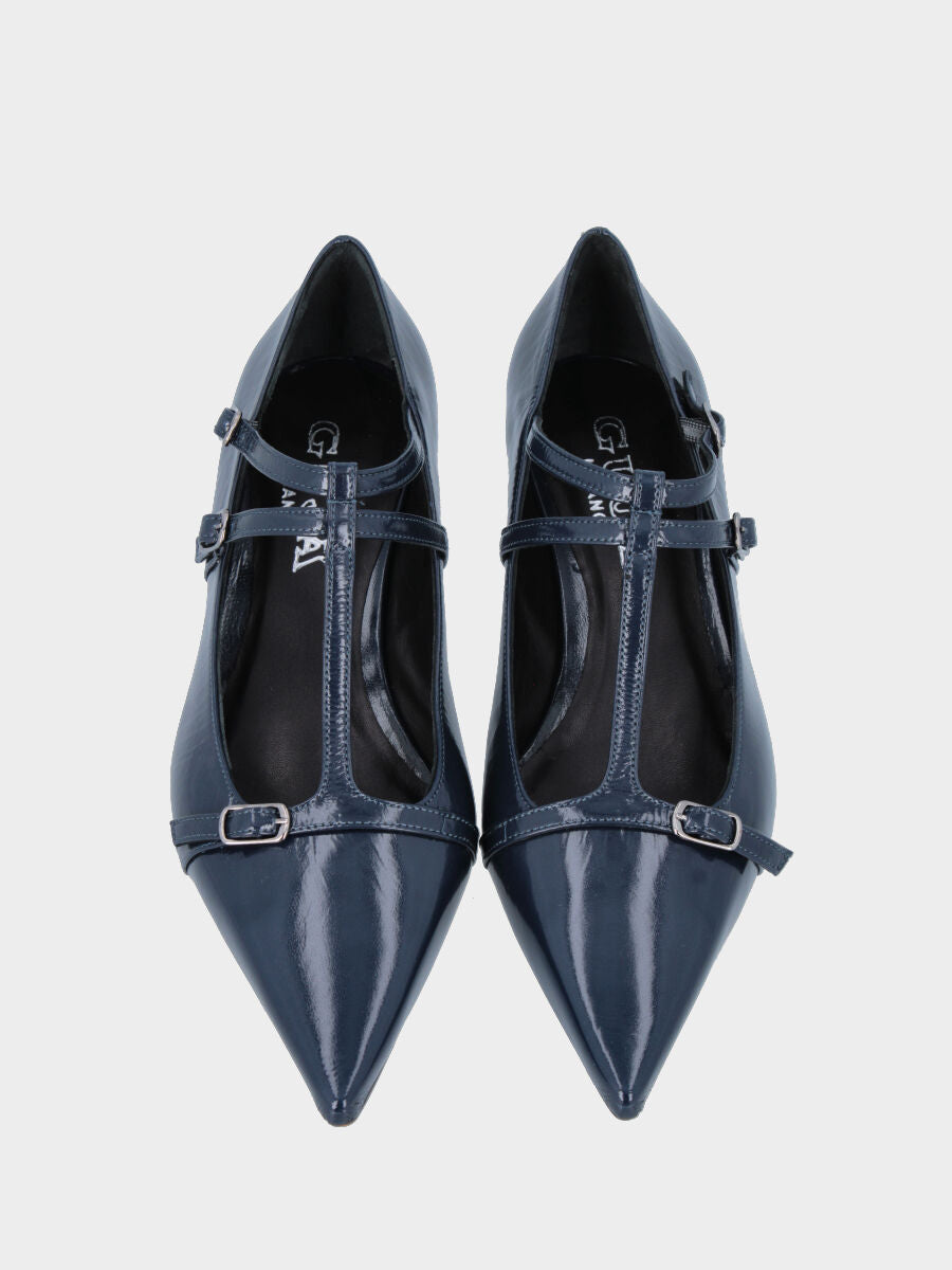 Charleston in glänzender Samt Blau mit Kelchabsatz und doppelten Riemen