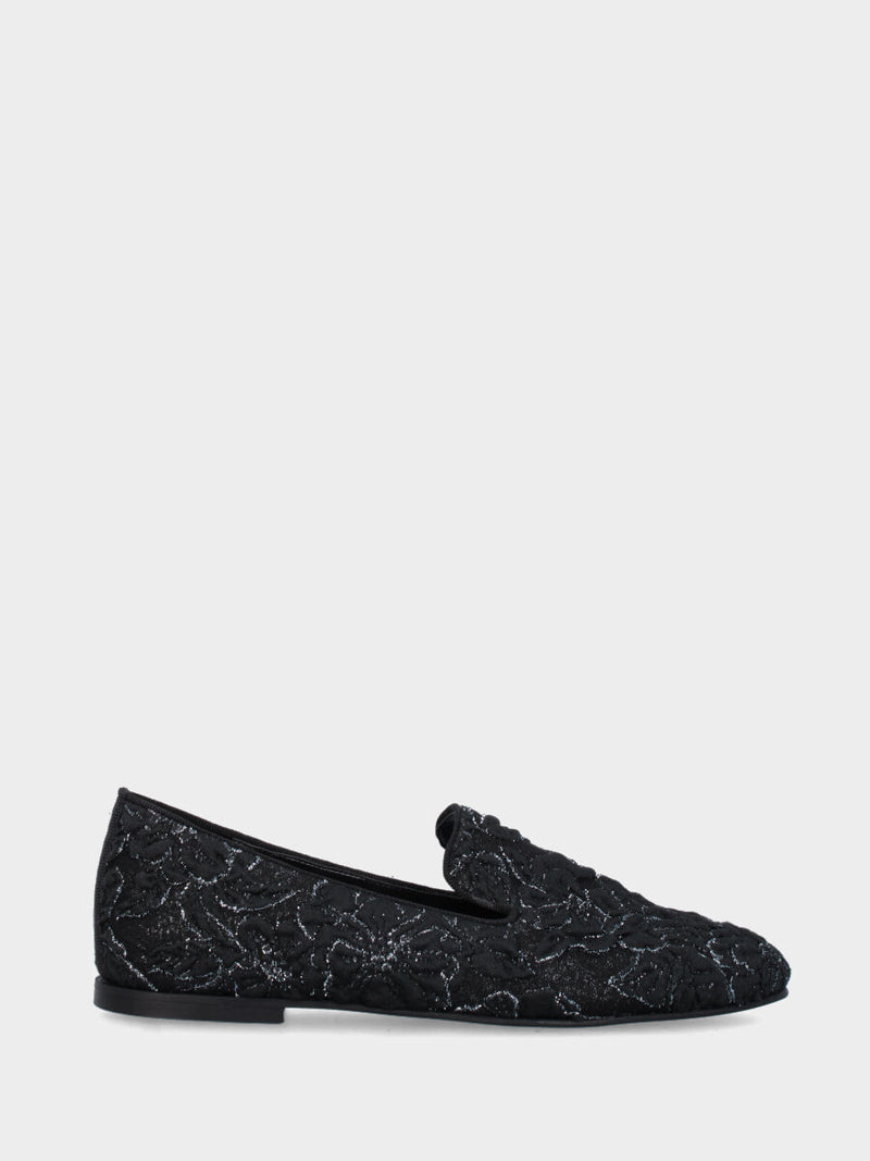 Pantofolina in tessuto plissettato floreale nero