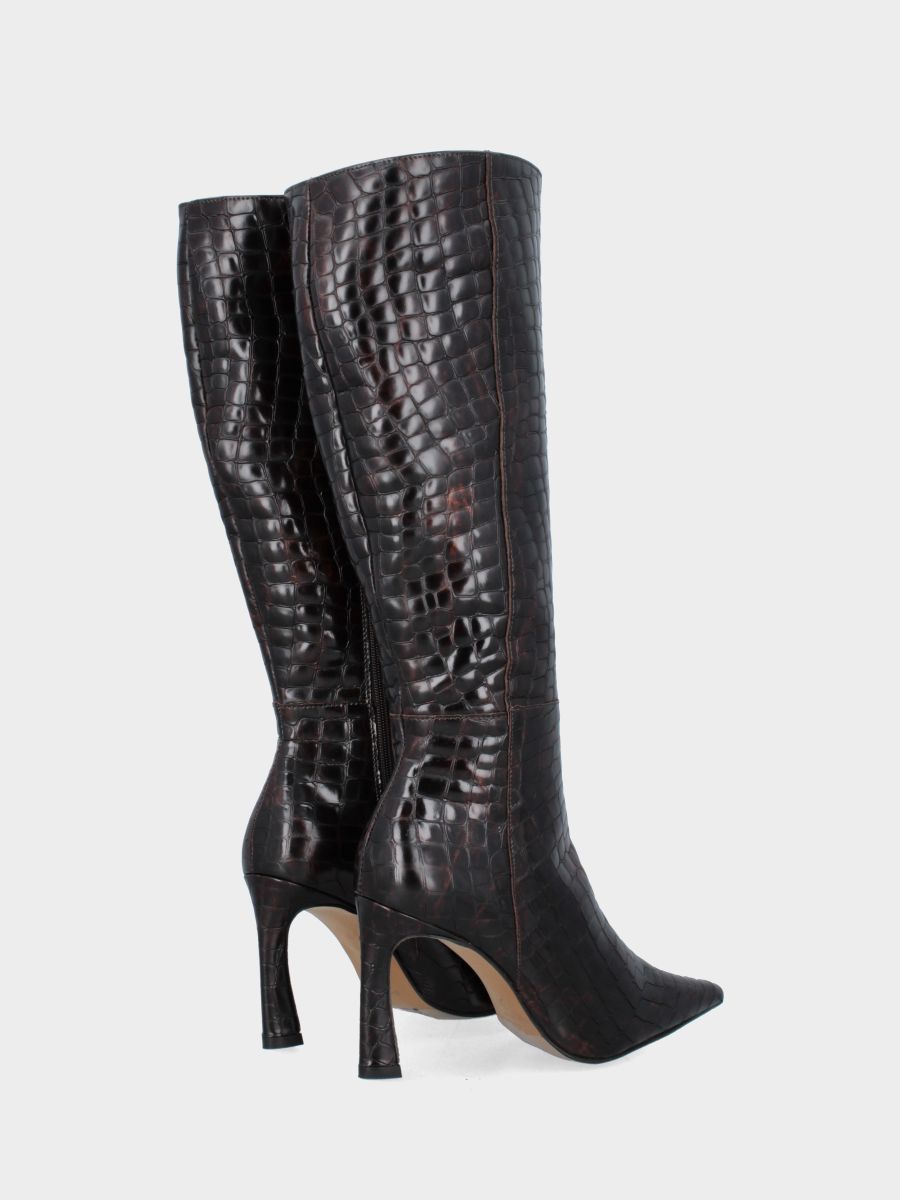 Botte en veau imprimé crocodile marron foncé avec talon aiguille
