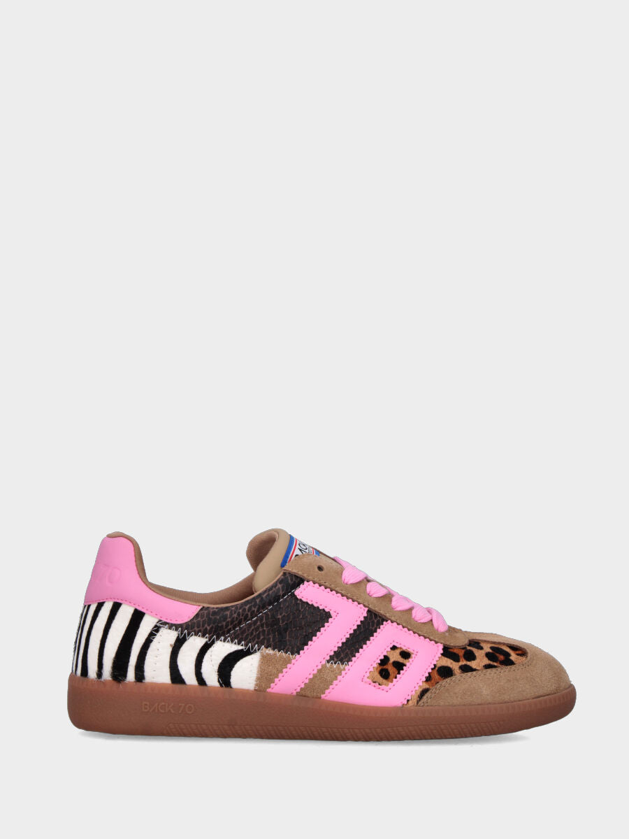 Sneaker multicolor animalier in camoscio, cavallino e vitello con fondo gomma