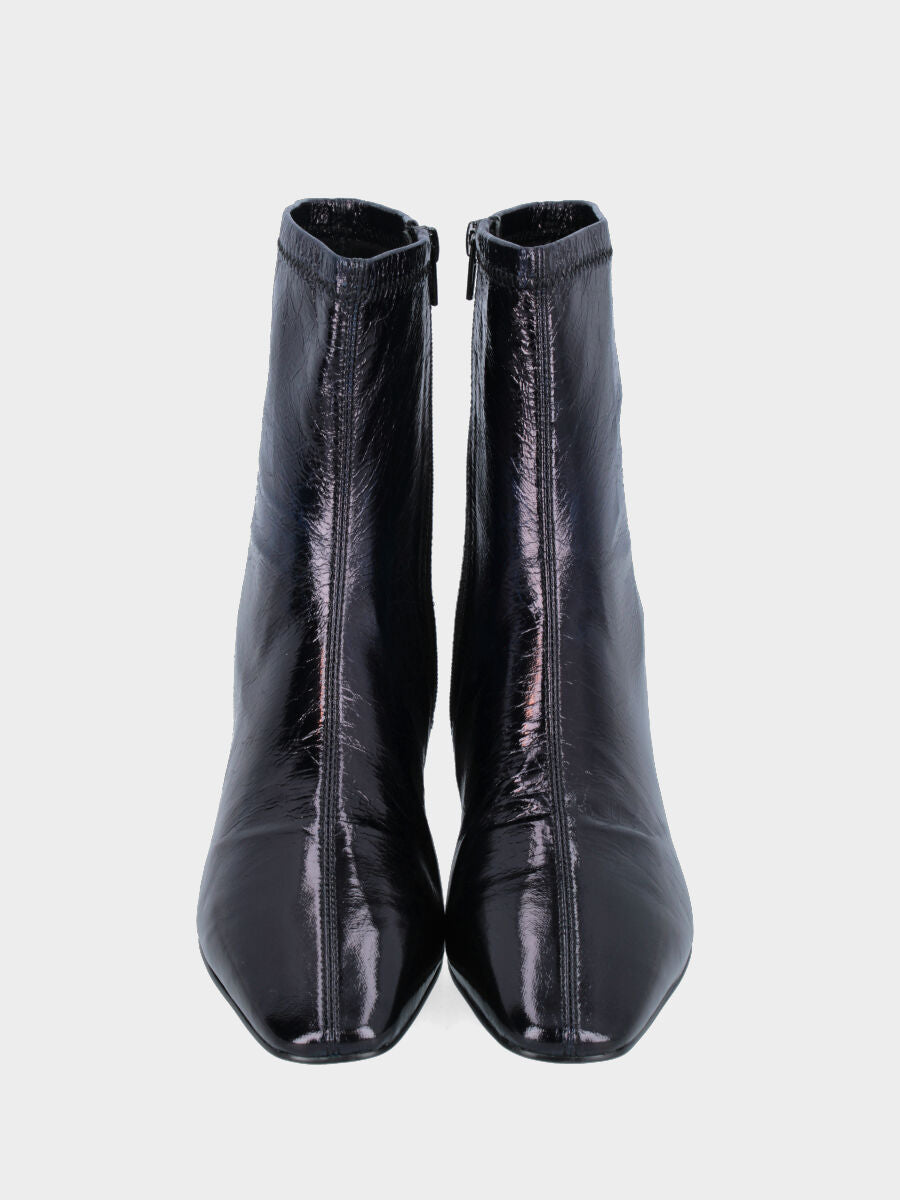 Blue crackled stretch patent leather ankle boot with block heel