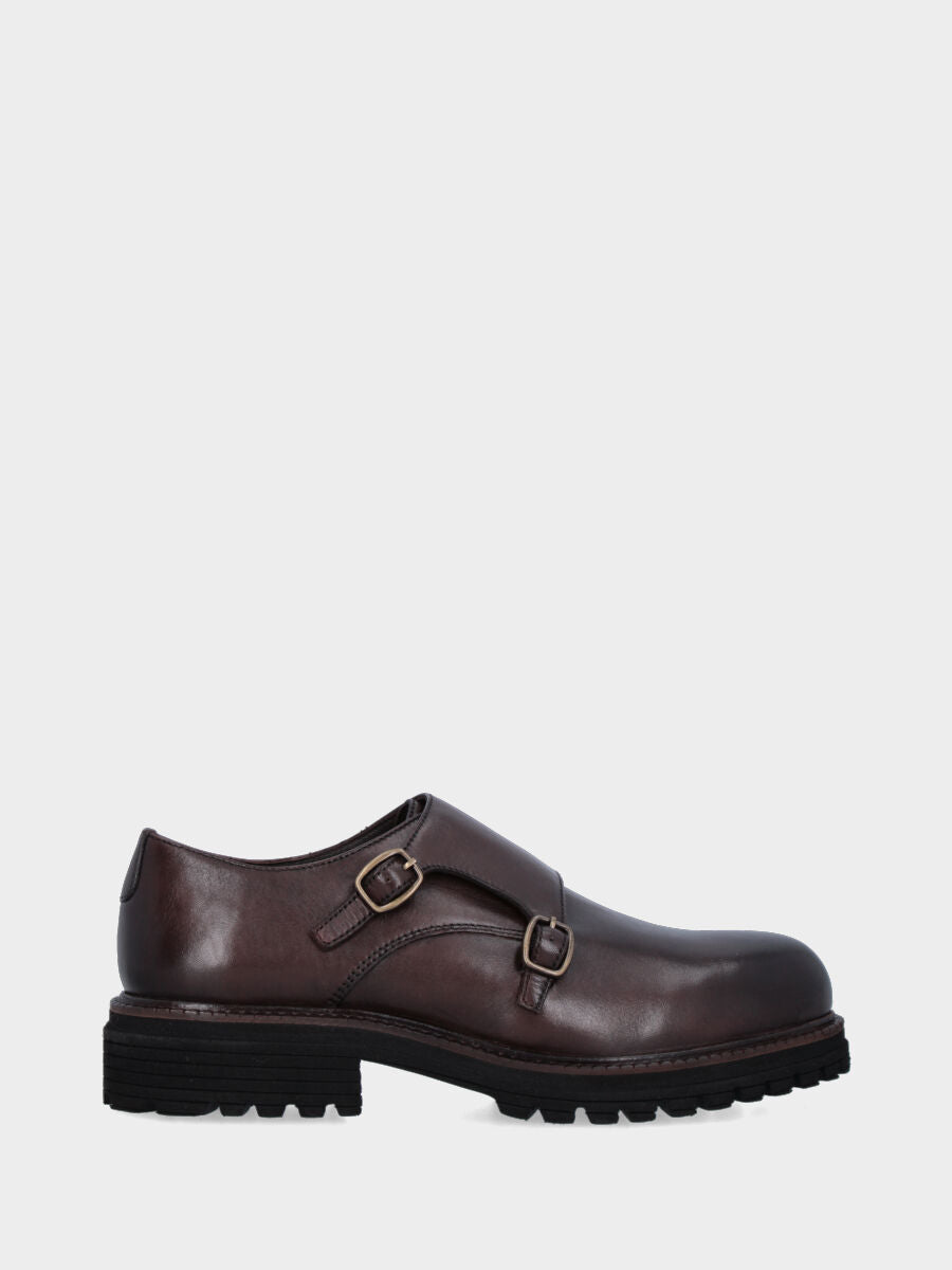 Derby monk strap in vitello testa di moro con doppie fibbie e suola extra light