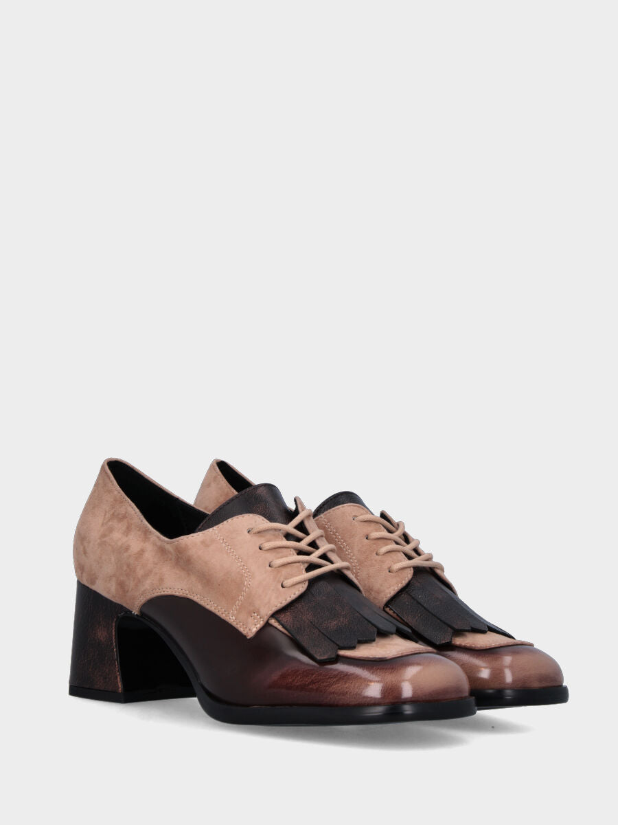 Derby in vitello e camoscio marrone e beige con frangia