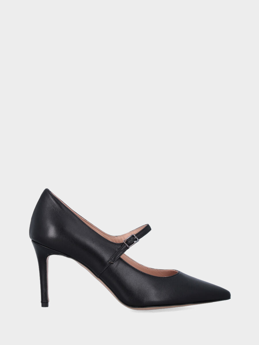 Mary Jane in black nappa leather with stiletto heel and pointed toe