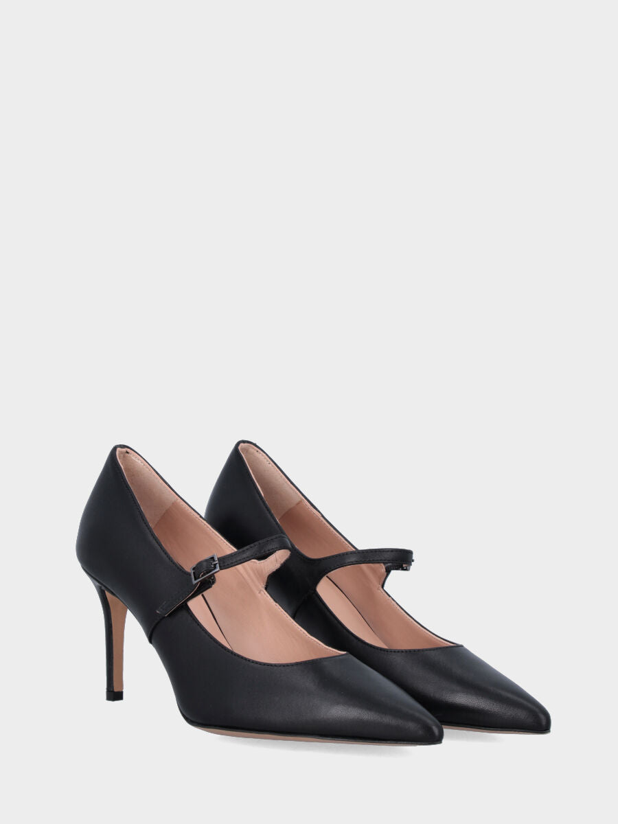 Mary Jane in black nappa leather with stiletto heel and pointed toe