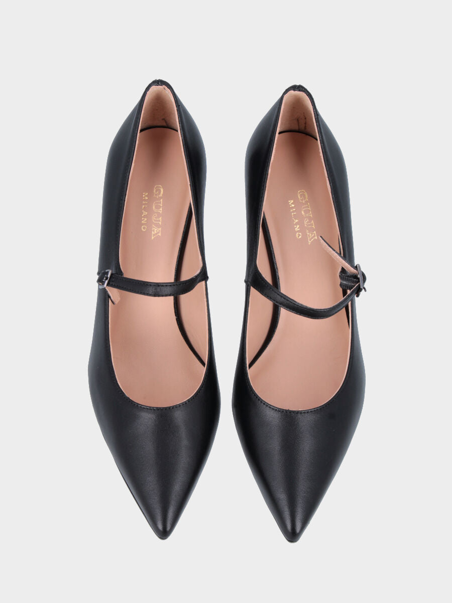 Mary Jane in black nappa leather with stiletto heel and pointed toe