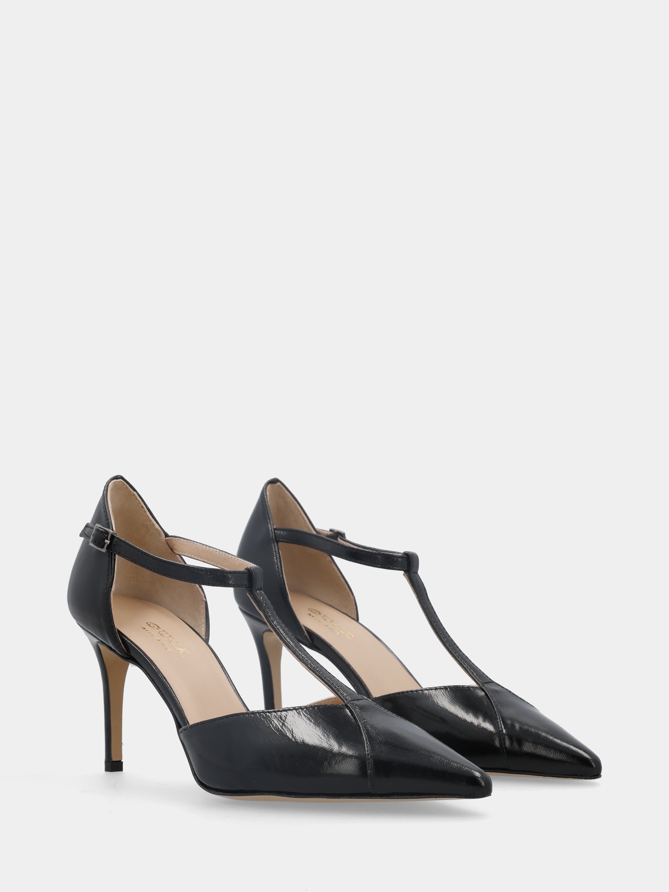 Escarpins en verni miroir noir T-bar avec talon stiletto 80mm
