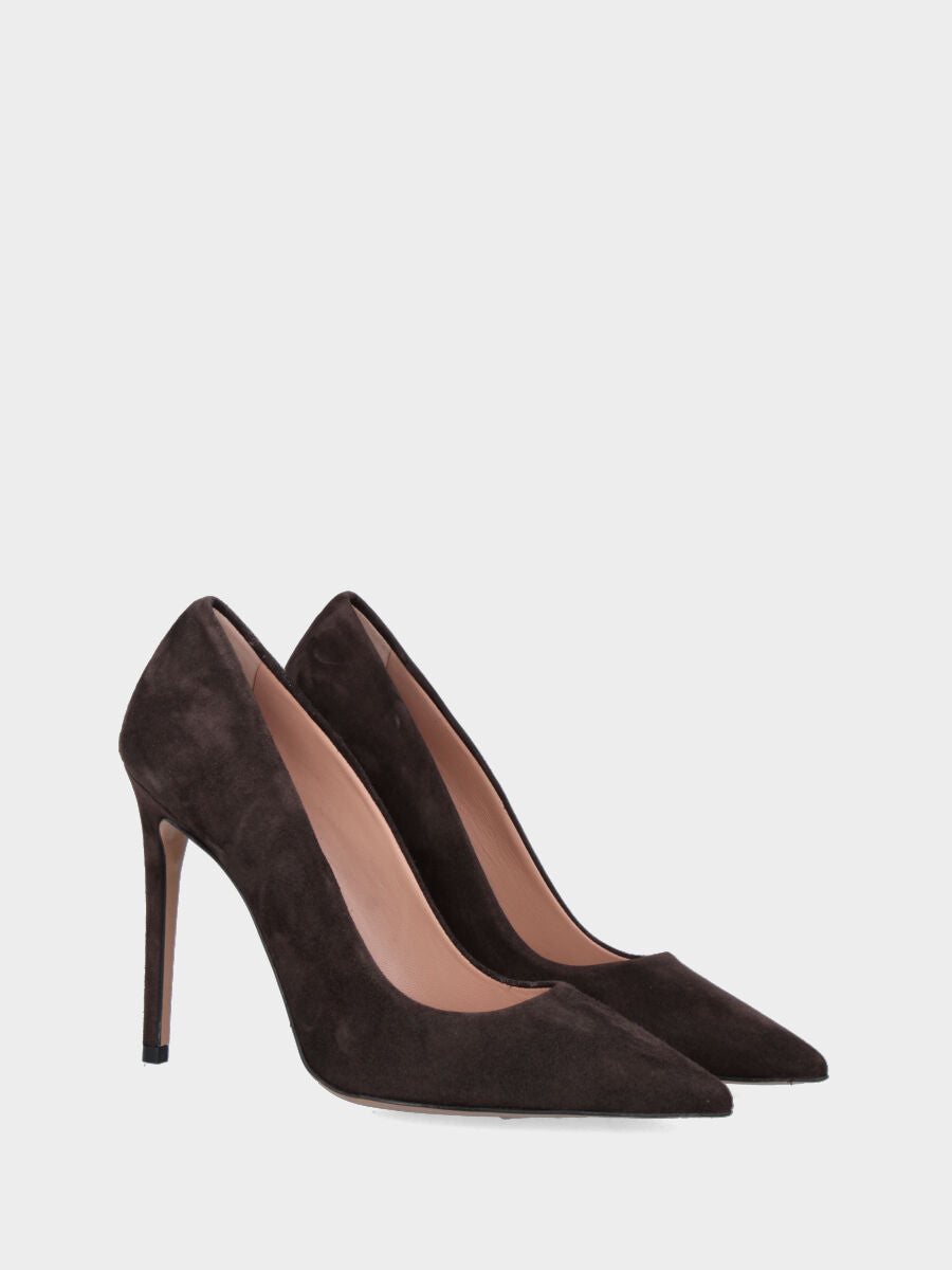 Pumps aus dunkelbraunem Wildleder mit Stiletto-Absatz und spitz zulaufender Spitze