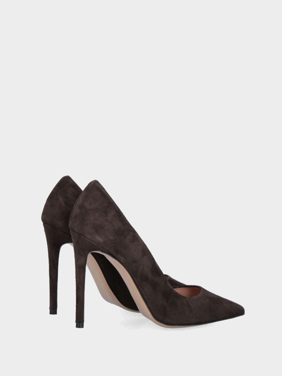 Pumps aus dunkelbraunem Wildleder mit Stiletto-Absatz und spitz zulaufender Spitze