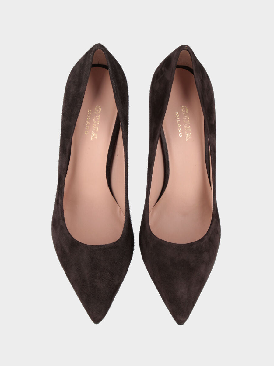 Pumps aus dunkelbraunem Wildleder mit Stiletto-Absatz und spitz zulaufender Spitze