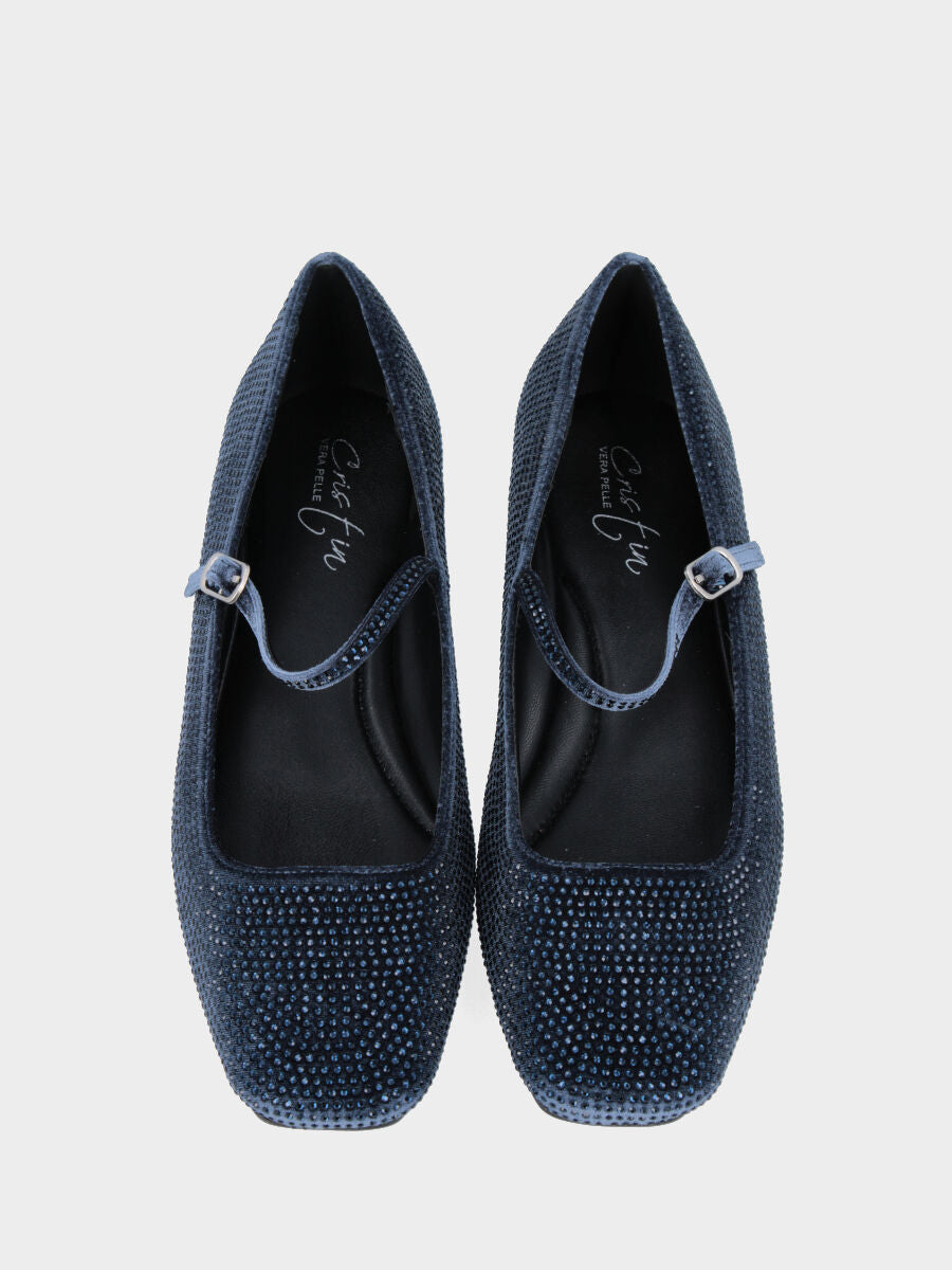 Ballerina Mary Jane in camoscio indaco con strass