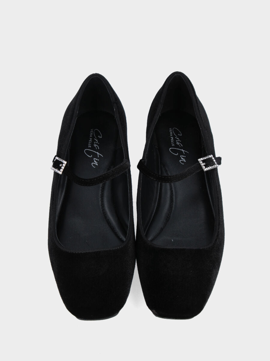 Ballerina Mary Jane in velluto nero con fibbia gioiello